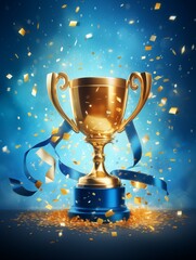 Golden Trophy Cup Isolated on Blue Background with Confetti. Generative AI