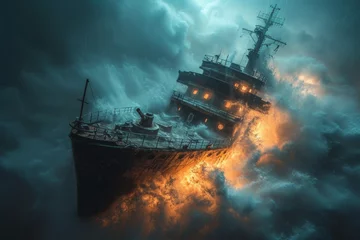 Fototapeten ship facing disaster and tornado storm in the sea © tonstock