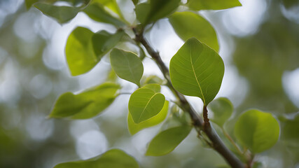 Sunlit green foliage on a tree branch in a lush summer garden