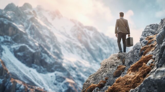 A man in business attire, climbing a rugged mountain, briefcase in hand, gazing determinedly towards the summit Created Using business attire, rugged mountain terrain, determination, briefcase,