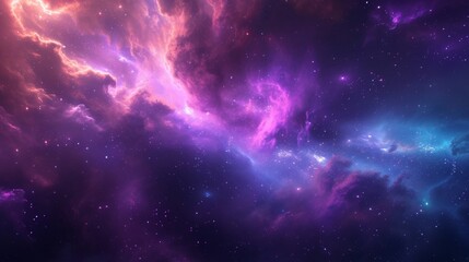 A photograph of a mystic space background, vibrant nebula with swirling colors of purple and blue, stars twinkling in the distance Ethereal cosmic rays piercing through Created Using high-resol