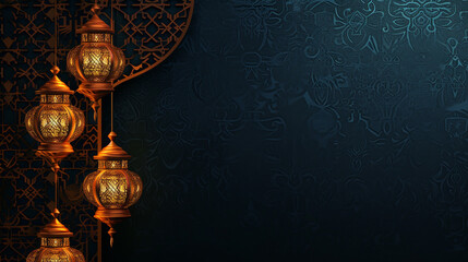 "An Islamic Background, Embellished with Arabian Lanterns, Bathes in a Golden Glow, Epitomizing The Joy of Ramadan and Eid Festivities."