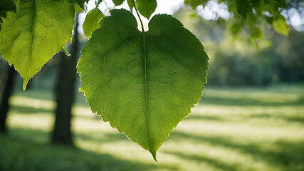 Sunlit green foliage on a tree branch in a lush summer garden