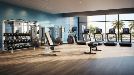 Health and fitness center with exercise equipment, indoor sport venue.