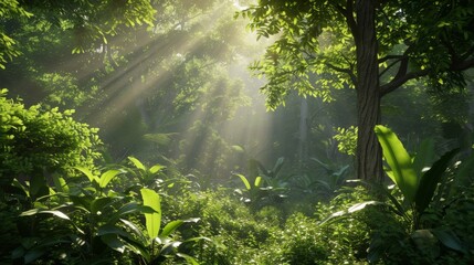 A photorealistic image of a lush forest with advanced CO2 capture technology, showcasing Earth's...