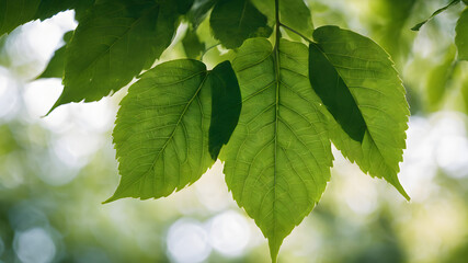Fototapeta na wymiar Sunlit green foliage on a tree branch in a lush summer garden