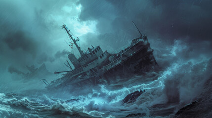ship facing disaster and tornado storm in the sea