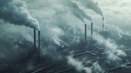 A photorealistic image of a sprawling factory emitting carbon dioxide with visible H2O vapor in the atmosphere, highlighting the environmental impact Created Using Industrial factory setting, s - obrazy, fototapety, plakaty