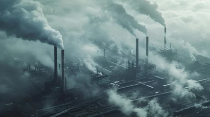 Foto op Canvas A photorealistic image of a sprawling factory emitting carbon dioxide with visible H2O vapor in the atmosphere, highlighting the environmental impact Created Using Industrial factory setting, s © kwanchanok