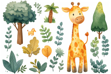 A charming watercolor illustration showcasing a friendly giraffe surrounded by an assortment of green trees and leaves in a peaceful forest setting.