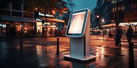 futuristic modern design of public area information signboard neon screen as touchscreen interactive blank empty white billboard menu smart kiosk machine as street advertisement display, Generative AI - obrazy, fototapety, plakaty