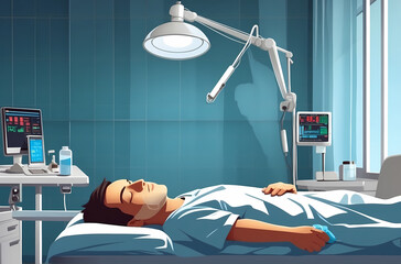 male patient disease sleep on bed inside hospital room. Idea of healthcare, oncology illness and medicine treatment. illustration cartoon style