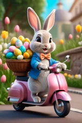 Rolgordijnen Cute cartoon rabbit on a scooter with easter eggs. © elena_hramowa