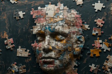 A top view of a human head made of jigsaw pieces, with some pieces missing, hinting at forgotten memories or lost knowledge Created Using Jigsaw illustration, human head, top view, missing piec - obrazy, fototapety, plakaty