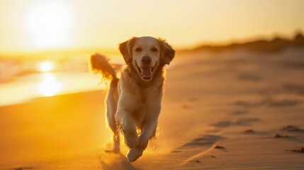 Beautiful and cute golden retriever dog breed animal portrait photography, running on the sand beach during the golden hour sunset sky with clouds, ocean or sea waves in the background