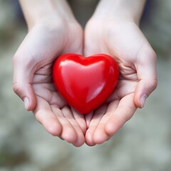 Obraz premium A top-view photographic image of hands holding a red heart, symbolizing health care The bright red heart contrasts with a gentle background Created Using overhead photography, vivid red color,