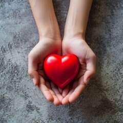 A top-view photographic image of hands holding a red heart, symbolizing health care The bright red heart contrasts with a gentle background Created Using overhead photography, vivid red color,