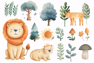 A heartwarming collection of nature-themed watercolor illustrations, featuring an adorable lion, deer, trees, and plants, perfect for a child's storybook or educational content.