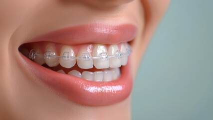 Obraz premium close-up photo of female teeth and Invisible Braces on the light grey background