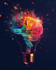 An artistic rendering of a lightbulb with its filament transforming into a colorful human brain, set against a dark background to highlight the colors Created Using Artistic style, filament-to- - obrazy, fototapety, plakaty