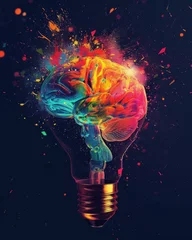 Foto op Plexiglas An artistic rendering of a lightbulb with its filament transforming into a colorful human brain, set against a dark background to highlight the colors Created Using Artistic style, filament-to- © kwanchanok