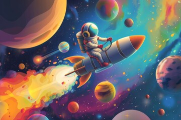 An illustration of a child in astronaut gear on a rocket launcher, with planets labeled with educational facts, combining space exploration with learning Created Using Space exploration theme,