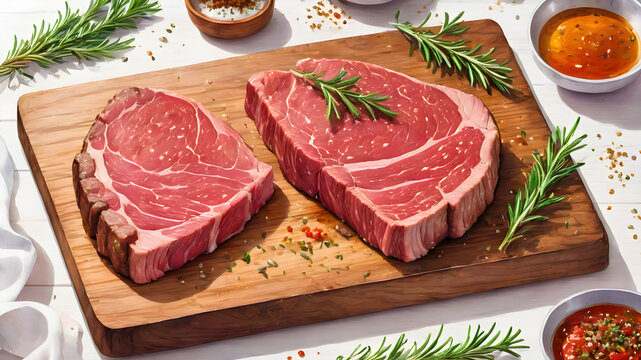 Fresh raw beef and pork steaks adorned with rosemary on a white plate, creating a delicious and nutritious dinner meal
