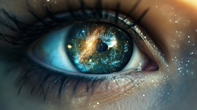 An artistic representation of eyes as windows to the soul, with a galaxy reflected in the iris, embodying depth and insight Created Using artistic representation, eyes as windows, galaxy in iri