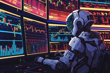 An illustration of a robot trader in a busy stock exchange environment, surrounded by screens displaying live trading data Created Using Detailed illustration, robot in business attire, dynamic