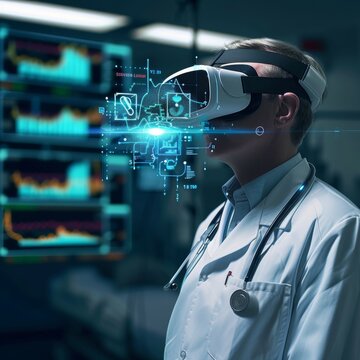 An image of a doctor using a virtual reality headset to track a patient's recovery progress in a 3D environment Created Using Virtual reality technology, 3D medical data visualization, doctor i