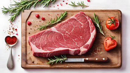 Fresh raw beef and pork steaks adorned with rosemary on a white plate, creating a delicious and nutritious dinner meal