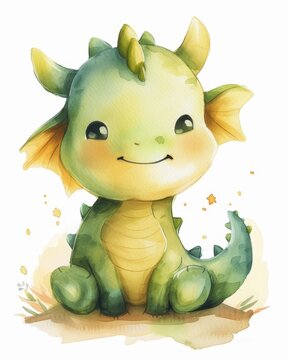 Green baby dragon happy and smiling. painted with watercolor in minimalist style. drawn in kids' story book style art, made for kids room decoration