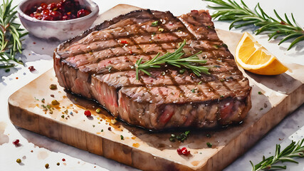 Fresh raw beef and pork steaks adorned with rosemary on a white plate, creating a delicious and nutritious dinner meal