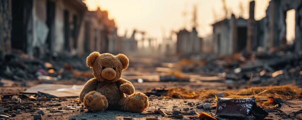 kids teddy bear toy over city burned destruction of an aftermath war conflict, earthquake or fire and smoke of world war against children peace innocence as copyspace, Generative AI