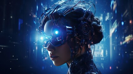 Woman's robotic cyborg head with hologram screen effect, humanoid machine future technology background wallpaper.