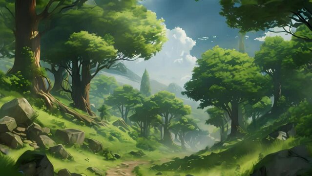 mountains trees and clouds. cartoon and anime style