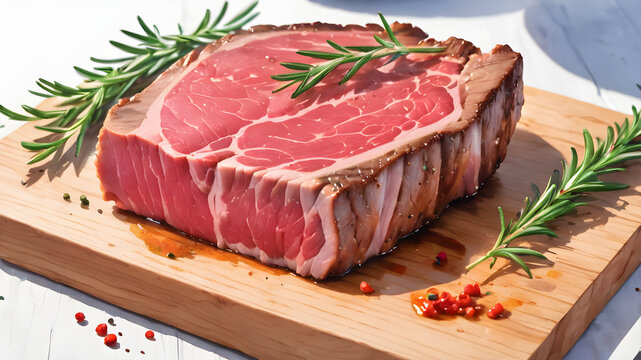 Fresh raw beef and pork steaks adorned with rosemary on a white plate, creating a delicious and nutritious dinner meal