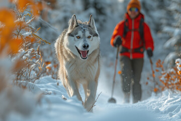 Naklejka premium husky dog runs with a skier on a walk