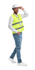 Engineer with hard hat and badge on white background