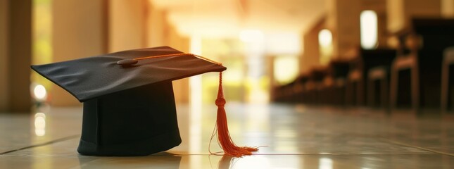 A close-up of a black academic graduation cap with a vibrant yellow tassel positioned to the side, set against a softly blurred background, symbolizing achievement and the completion of educational mi
