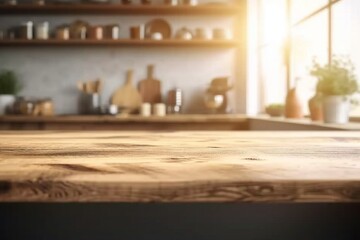 Empty beautiful wood table top counter and blur bokeh modern kitchen interior background in clean and bright,Banner, Ready for product montage. generative ai.
