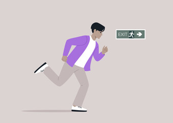 A young character is sprinting towards a direction indicated by an evacuation green sticker, following an emergency situation plan, the scene illustrates the urgency and adherence to safety protocols