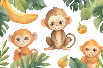 A charming watercolor illustration showcasing three animated monkeys with a backdrop of tropical fruits and green leaves, ideal for children's educational themes.