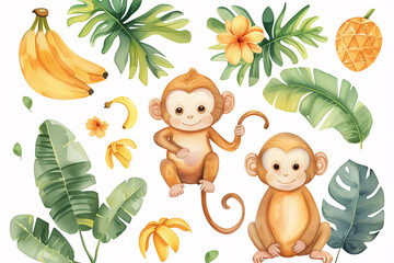 Two cute cartoon monkeys with a playful expression among vibrant tropical leaves, flowers, and fruits, perfect for children's books and educational content. Watercolor