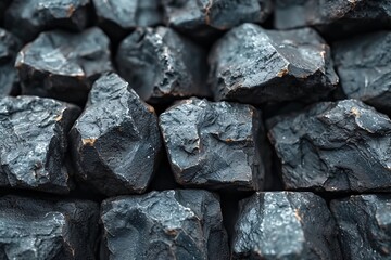 A close-up of raw, natural coal chunks with rough texture and uneven surface. The coal pieces have a dark black color and show details of their natural formation. The image is ideal for energy, mining