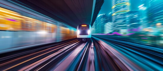An image of a train traveling through the night, in the style of technological art, light purple and teal, architectural grids, colorful curves, urban signage
