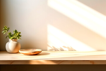 Empty kitchen countertop and light wall with sunlight and kitchen utensils