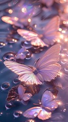 Fototapeta na wymiar silver butterflies and water metallic print,in the style of luminous and dreamlike scenes,light purple and white, y2k aesthetic, soft and dreamy depictions,luminosity of water