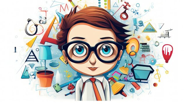 Illustration of a nerdy male student wearing glasses with smile.