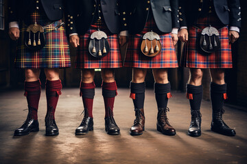 legs of Scottish men in traditional costumes